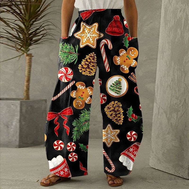 Christmas Elements Cane Candy Gingerbread Printed Women Casual Loose Pants