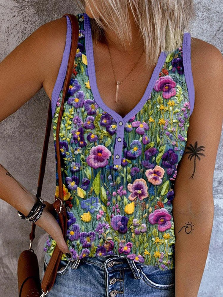 VChics Violet Wildflower Embroidery Art Button Up Cozy Tank Top