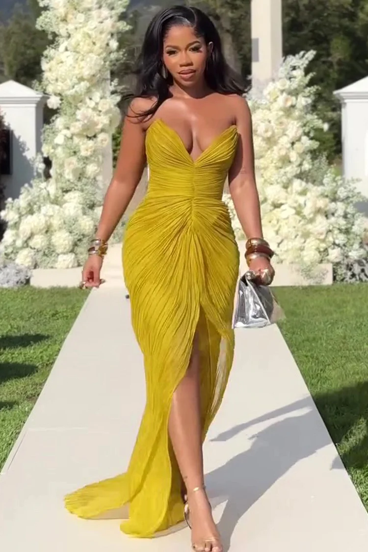 V Neck Strapless Wrinkle Front Slit Party Maxi Dresses-Yellow [Pre Order]