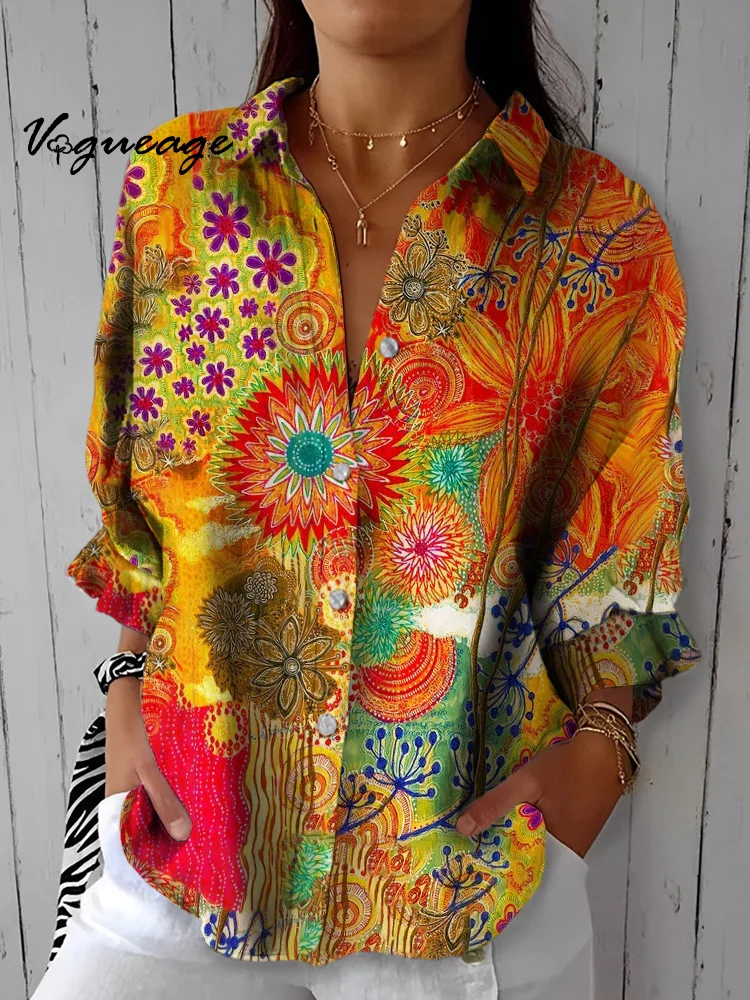 Brightly Painted Flowers Printed Cotton And Linen Shirt