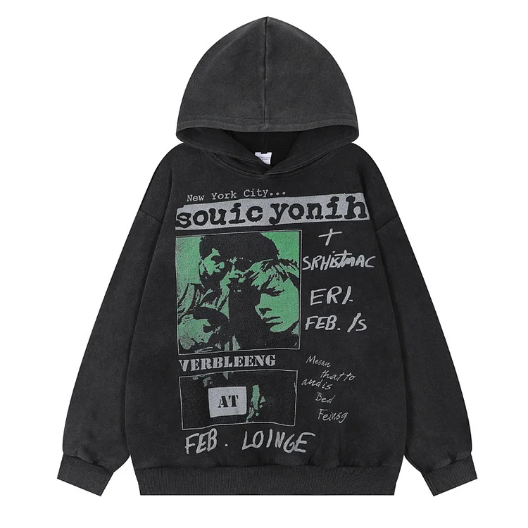 Retro Washed Rock Character Print Hooded Sweatshirt High Street Hip Hop Pullover at Hiphopee