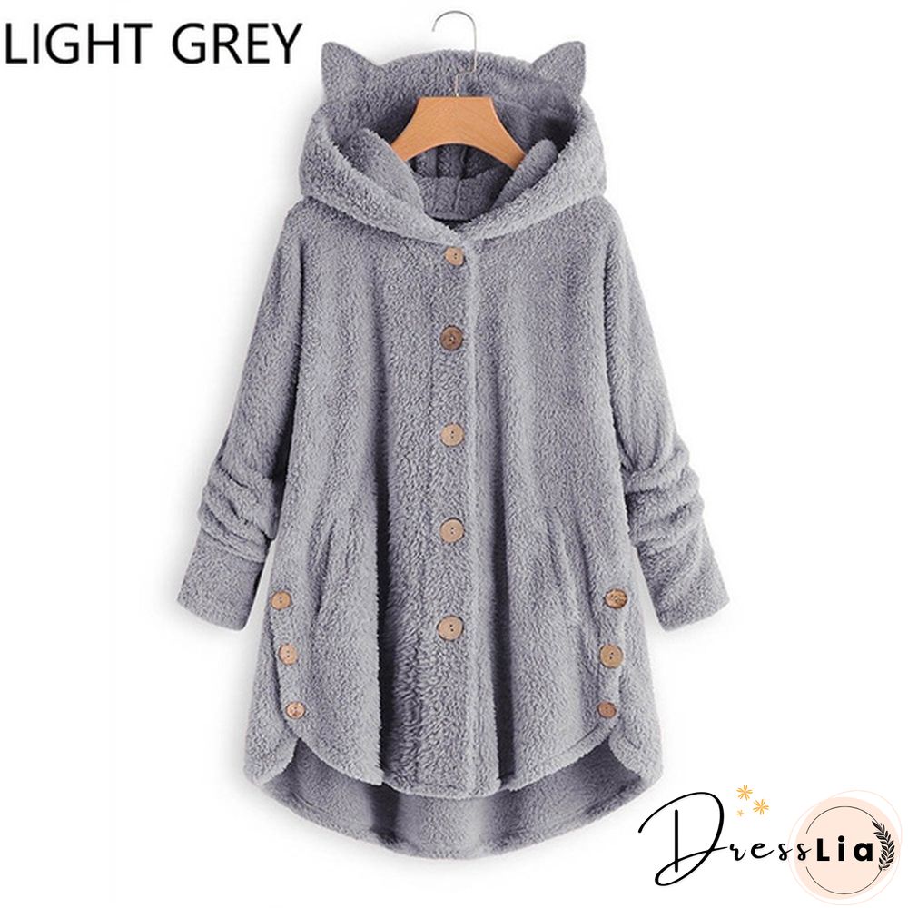 Fashion Women Coats Autumn Winter Outwear Tops Solid Color Plush Loose Cute Cat Ears Warm Fur Cardigan Coat with Pocket Plus Size S-5XL