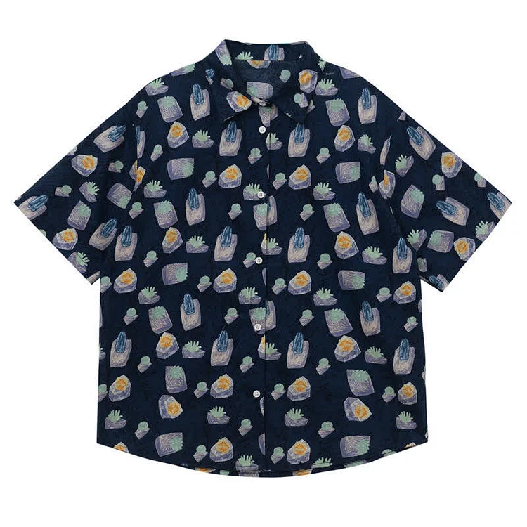 Vintage Cactus Print Short Sleeve Loose Polo Shirt - Modakawa modakawa