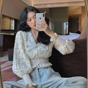 Spring Summer Autumn Super-short V-Neck Lolita Style Embroidery Lantern Sleeve Lightweight Breathable Sexy Slim Casual Shirts - Shop Trendy Women's Fashion | TeeYours