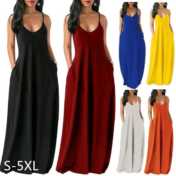 6 Colors Women Summer Fashion Loose V-neck Backless Long Dresses Solid Color Sling Maxi Dresses Casual Plus Size Dresses S-5XL - Shop Trendy Women's Clothing | LoverChic
