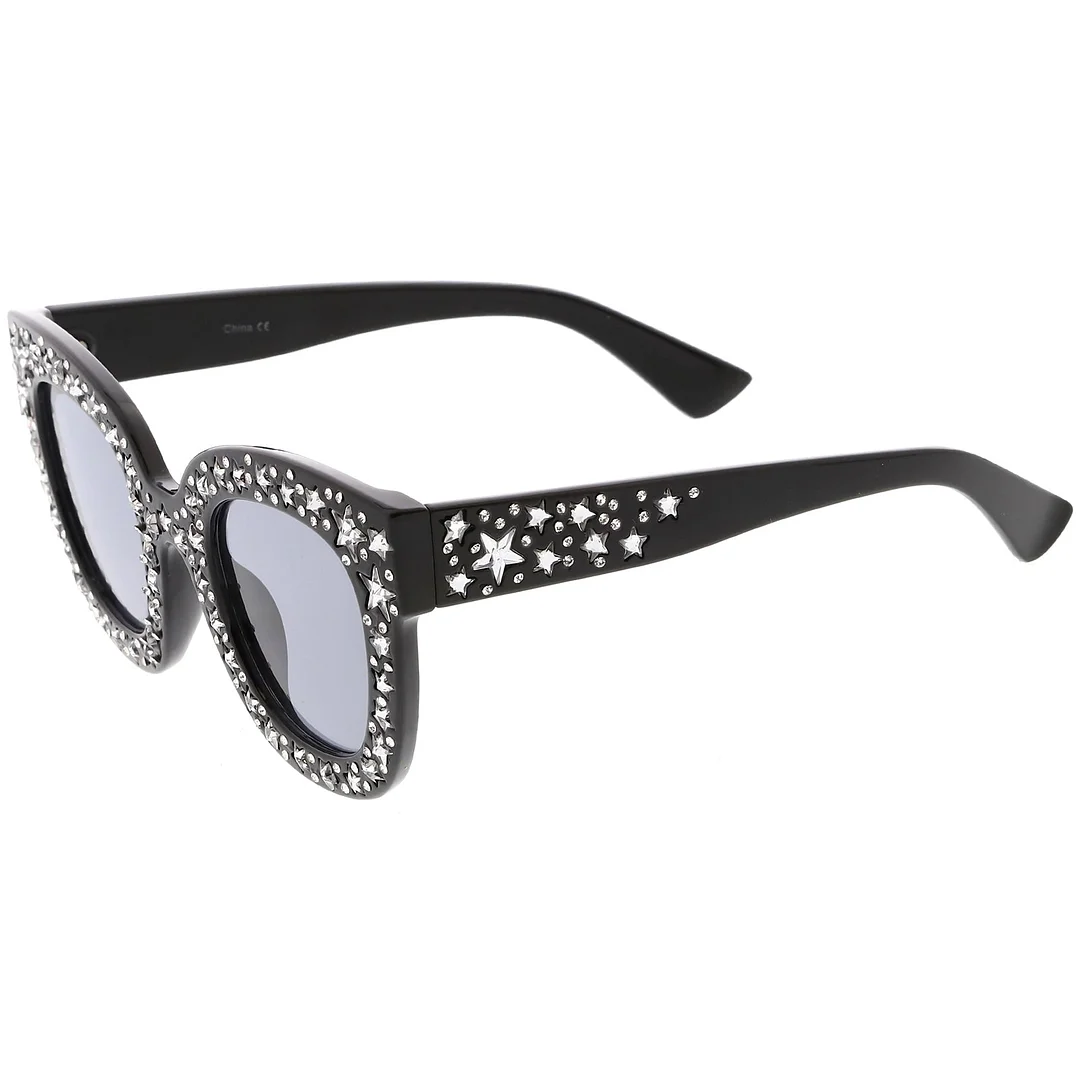 Oversize Star Rhinestones Cat Eye glasses Wide Arms Square Lens 48mm