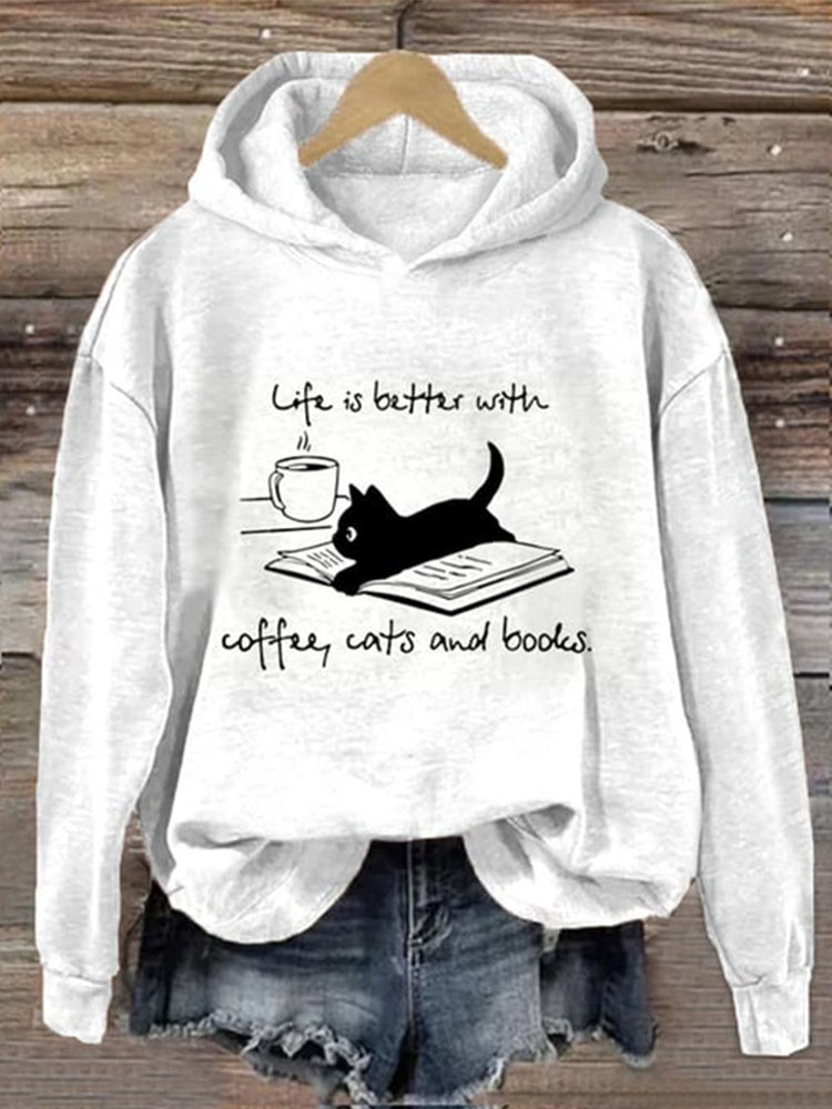 Life Is Better With Coffee Cats And Books Print Casual Hoodie wearshes