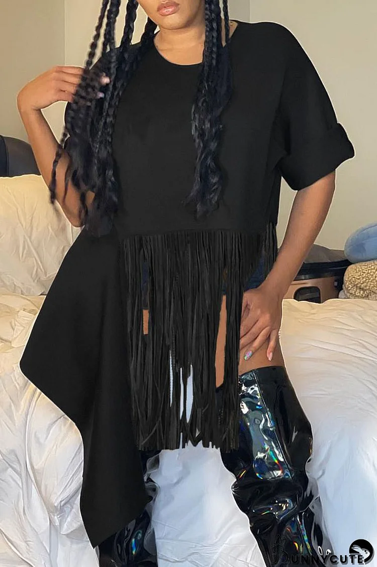 Black Casual Solid Tassel Asymmetrical O Neck T-Shirts