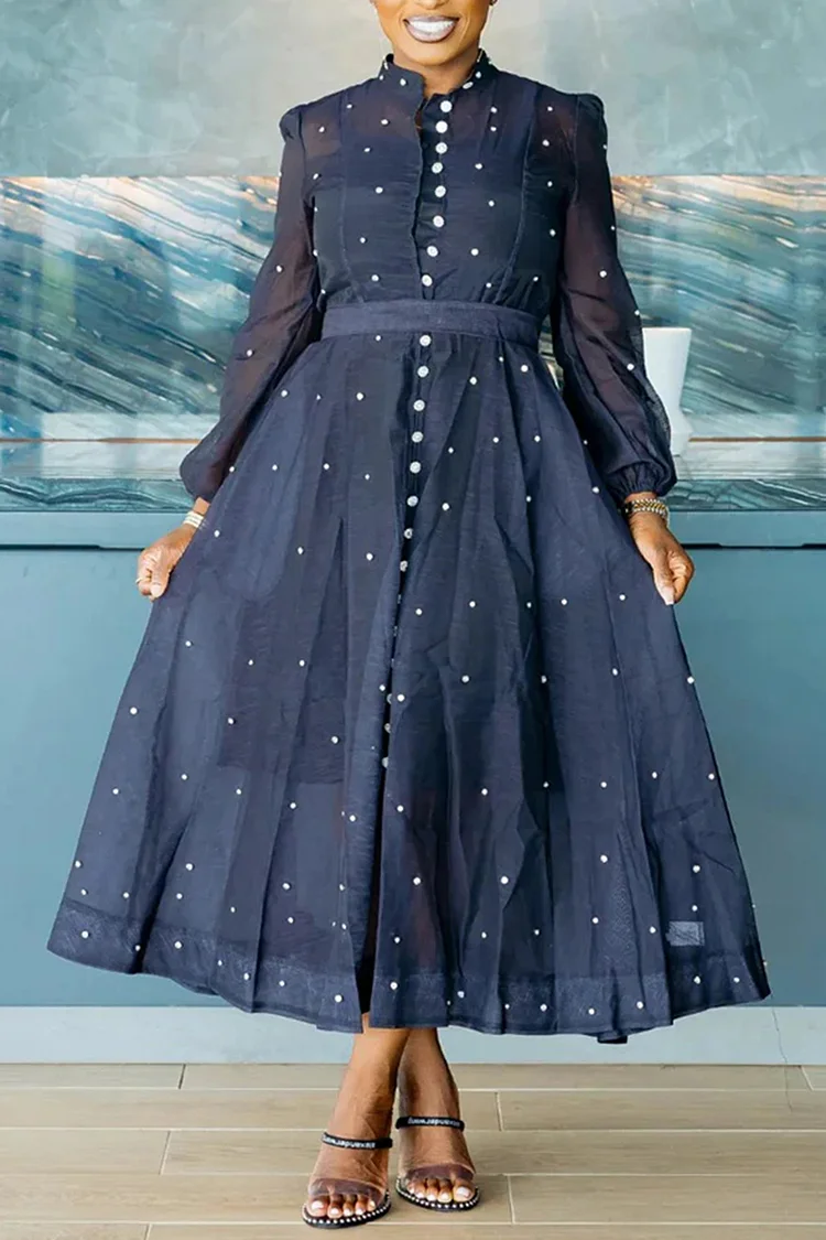 Plus Size Churchs Black Round Neck Lantern Sleeve Long Sleeve Drilling Elegant Midi Dresses [Pre-Order] 2024 - Xpluswear