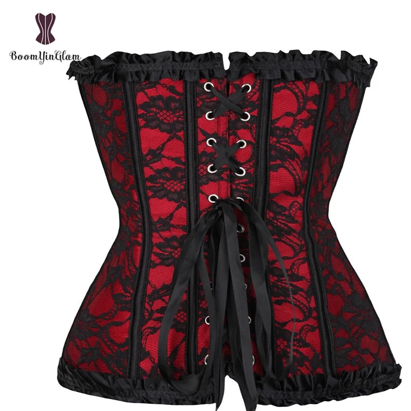 Red Women Mesh Grid Lingerie Basque Corselet Bustier Floral Lace Overlay Corset Overbust Plus Size 805#