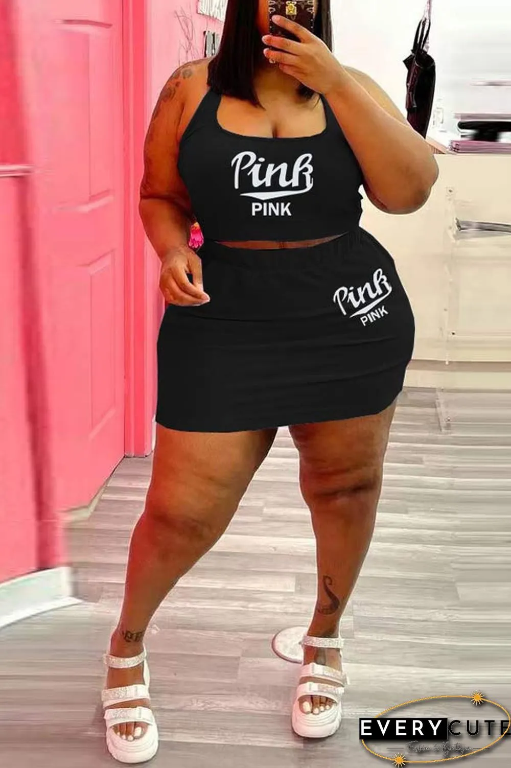 Fashion Plus Size Print Vest Skirt Set