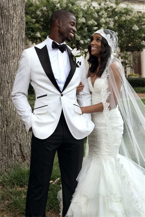 White Peaked Lapel Groom Tuxedos Men Wedding Suits Groomsmen Wear Prom Party Suits | Ballbellas Ballbellas