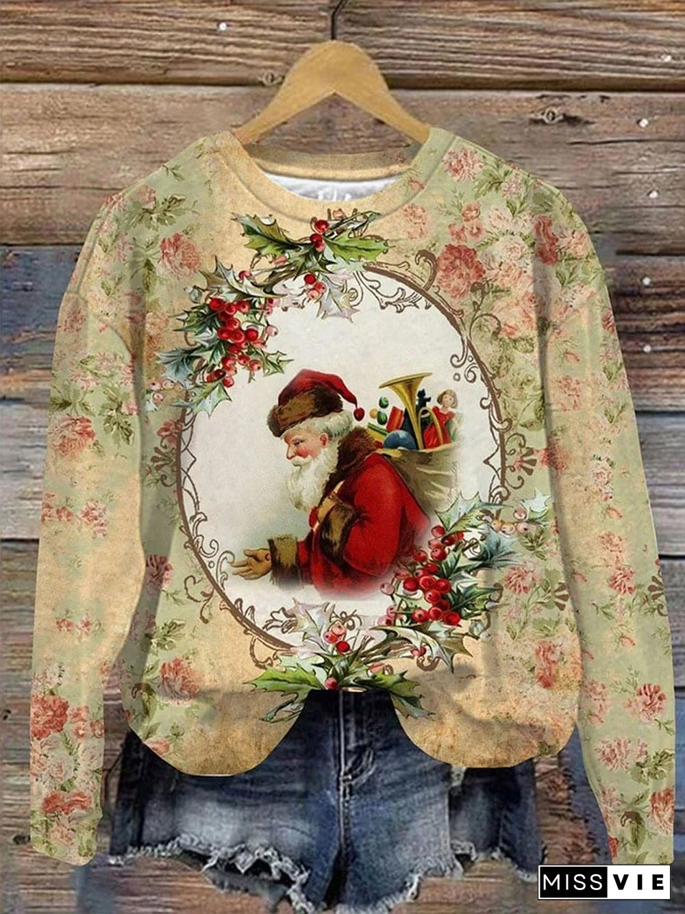 Women's Casual Floral Santa Print Long Sleeve Sweatshirt