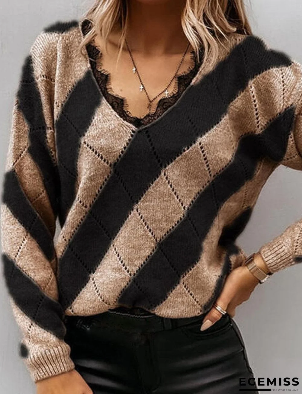 Contrasting Lace V-Neck Casual Loose Sweater | EGEMISS
