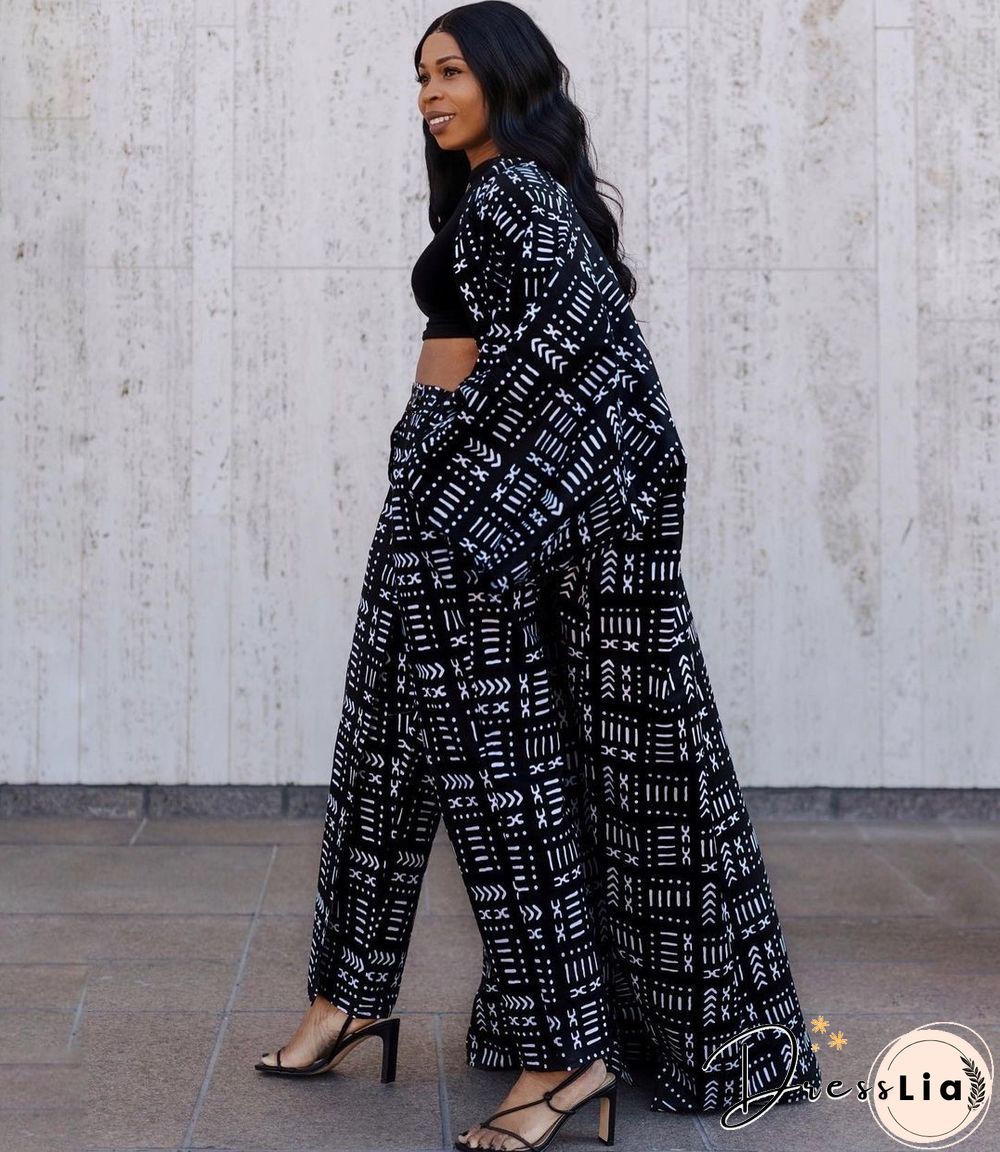 Printed Long Sleeve Open Front Long Cardigan Tops