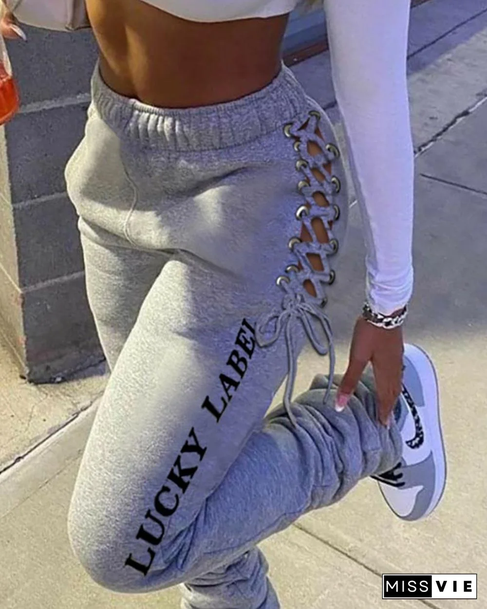 Letter Print Eyelet Lace-up Drawstring Fold Sweatpants P13217