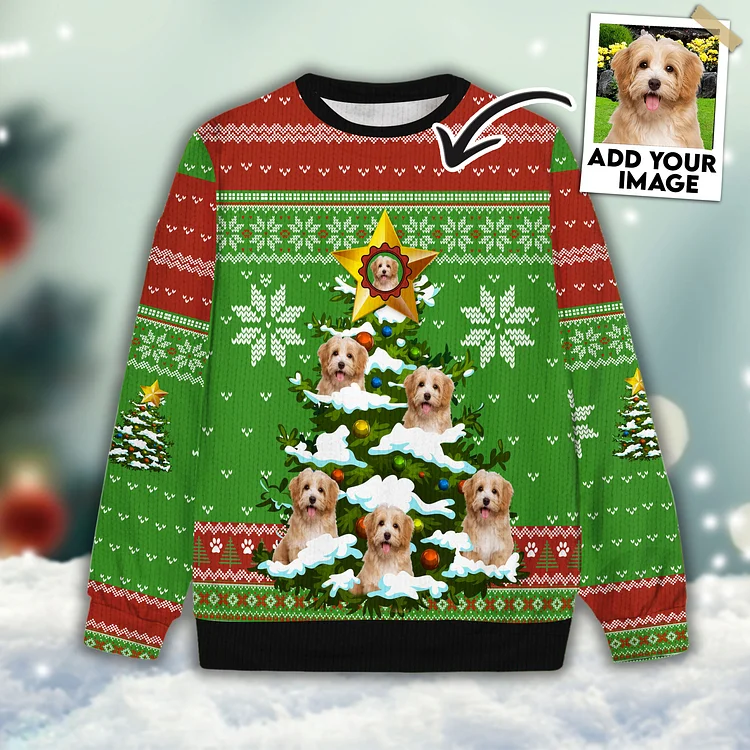 Custom Pet Unisex Sweater All Over Print Funny Christmas Light Tree Green & Red Color