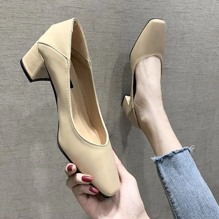 Spring 2022 New Med Heel Soft Leather Shoes Women Square Toe Pumps Slip On Square Heel Daily Work All Match Cozy Female Shoes