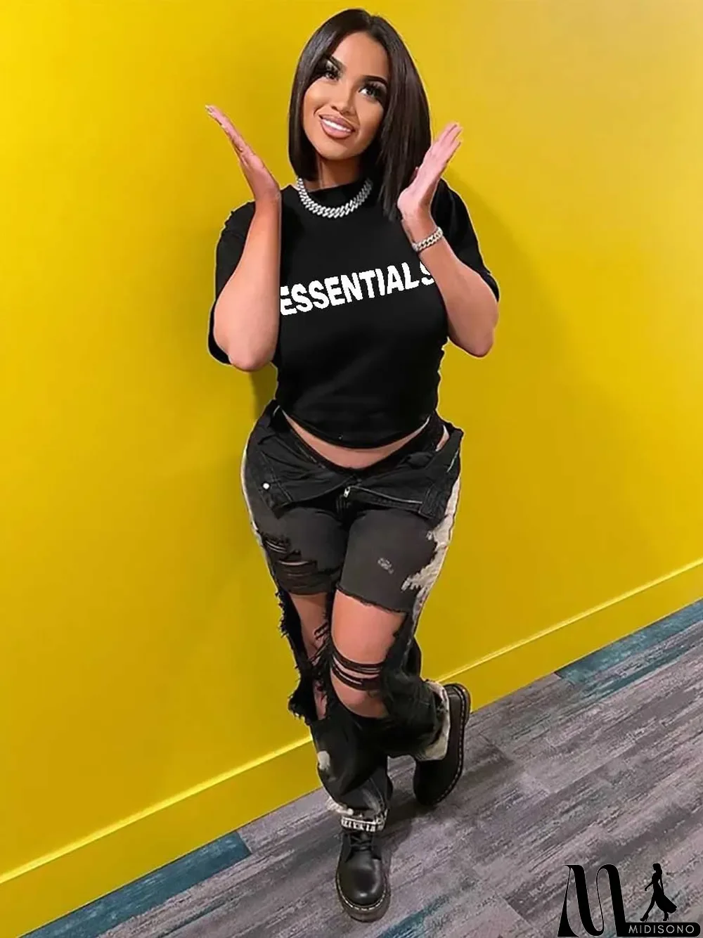 MidiSono - Spring Summer Women's Fashion Printing Black T-Shirt Short Sleeve Women's Top Basic Shirt