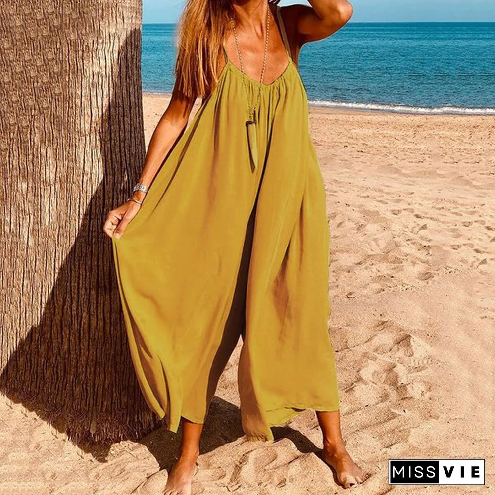 Plus Size Women's Fashion Sleeveless Casual Straps Wide Leg Overalls Jumpsuits