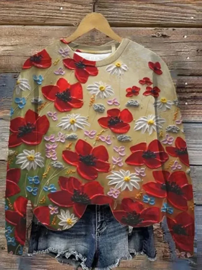 Women's Oil Painting Beautiful Red Flowers Print Casual Sweatshirt
