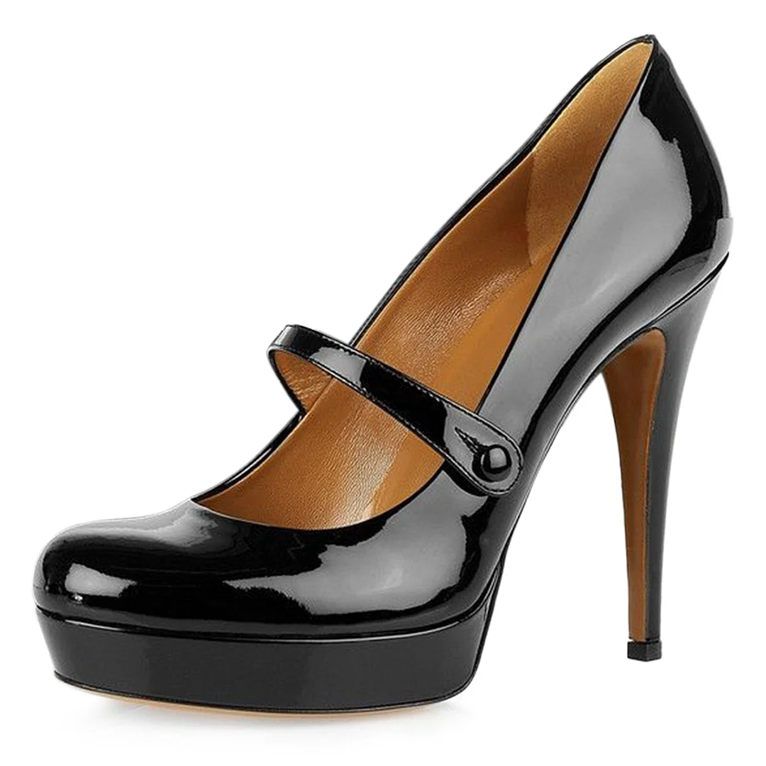 Patent Leather Round Toe Strappy Black High Heel Platform Mary Janes