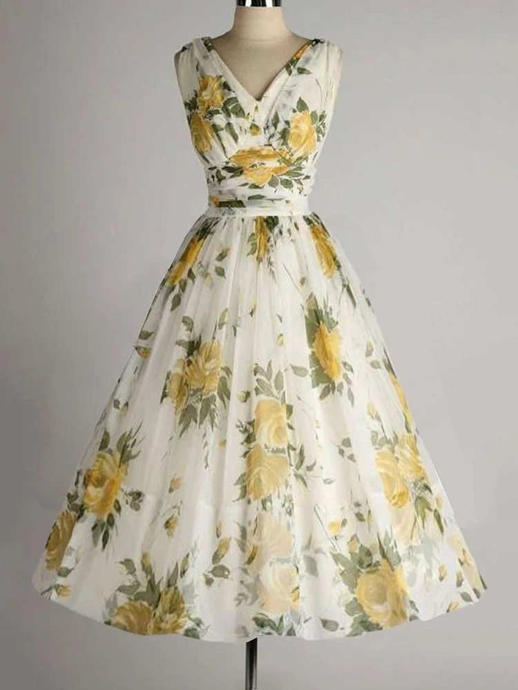 Vintage Dresses 1950s V Neck Floral Print Tunic Midi Dress