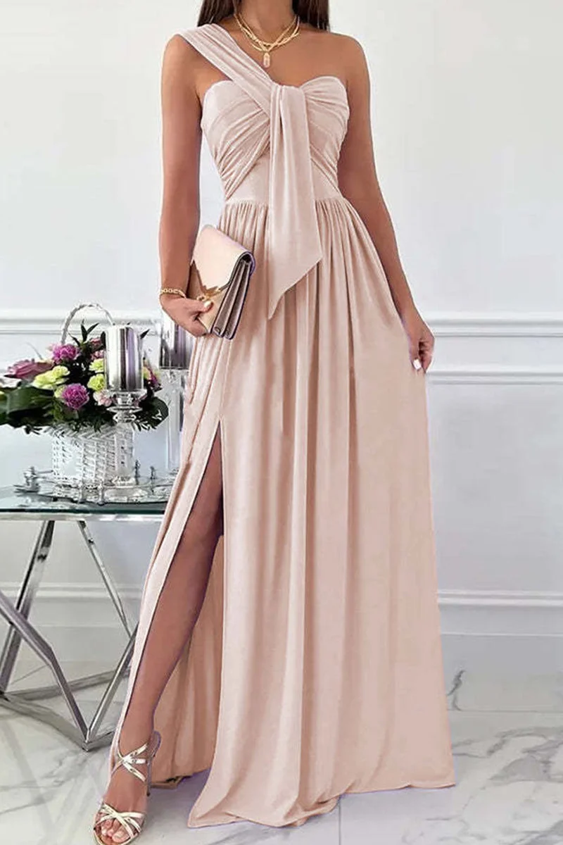 Fashion Sexy Solid Backless Slit One Shoulder Evening Dress Dresses(7 Colors)