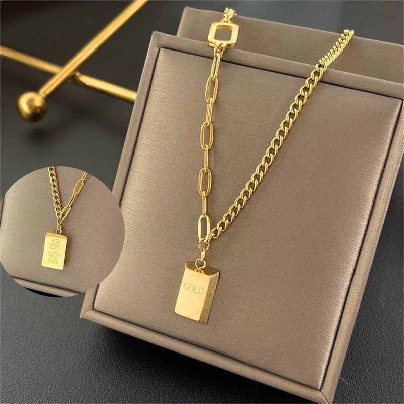 Gold Brick Pendant &ldquo;GOLD&rdquo; on the front and &ldquo;RICH&rdquo; on the back Gold Plated Necklace