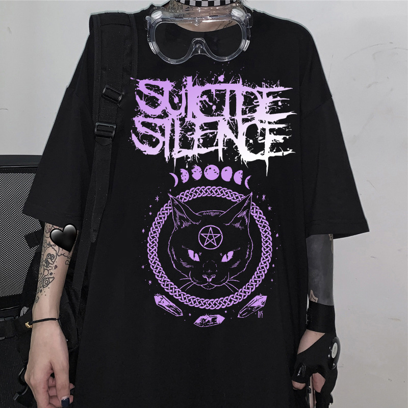 Goth Punk Harajuku Dark Kitten Print T-Shirt / TECHWEAR CLUB / Techwear