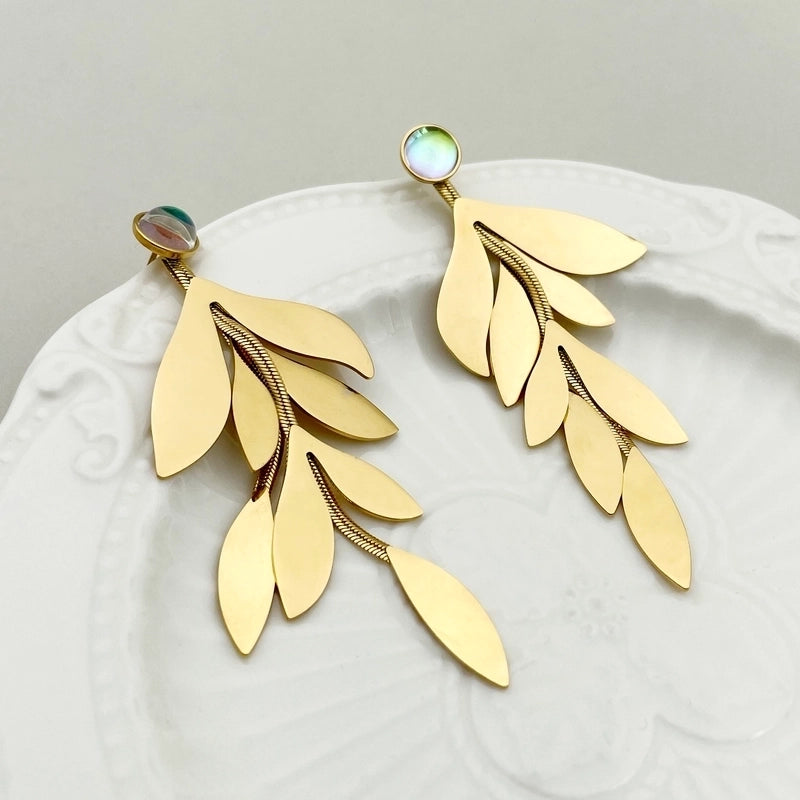 1 Pair Casual Minimalist Commute Leaves Inlay 304 Stainless Steel Pearl 14K Gold Plated Drop Earrings