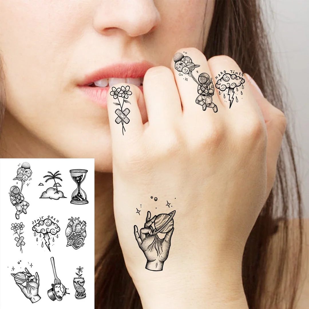 Black Little Flower Fashion Finger Temporary Tattoos For Women Adult Leaves Daisy Rose Fake Tattoo Letter Body Art Tatoos Decal