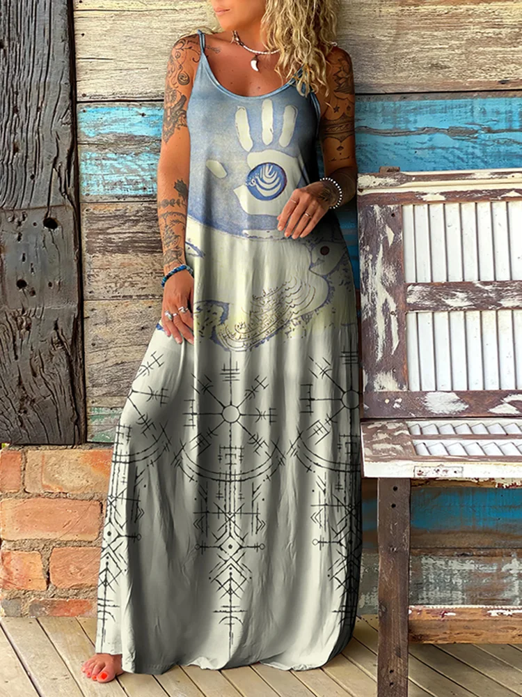 Viking Hoping Peace Dove Runes Ethnic Print Slip Maxi Dress