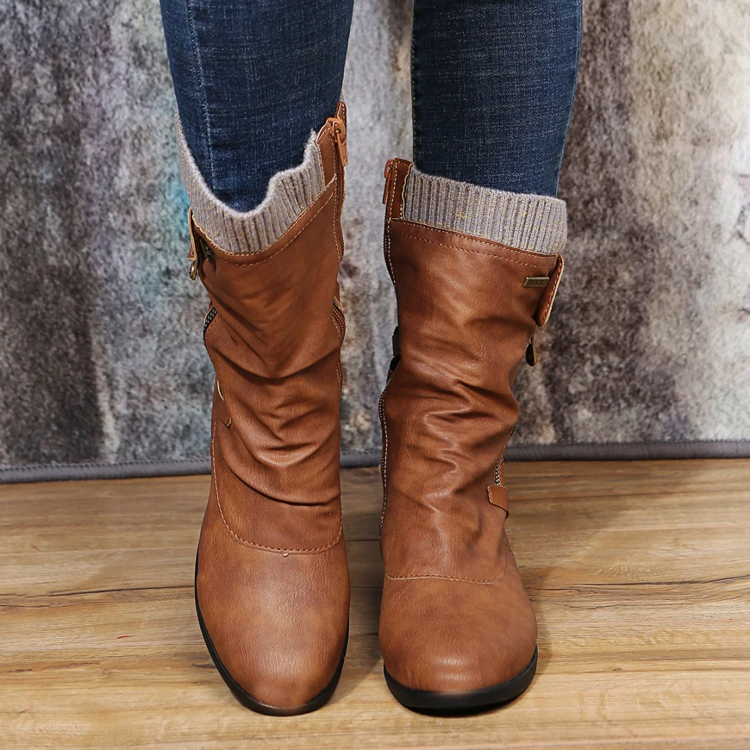 Women's Lace-Up Panel Leather Zip-Up Boots