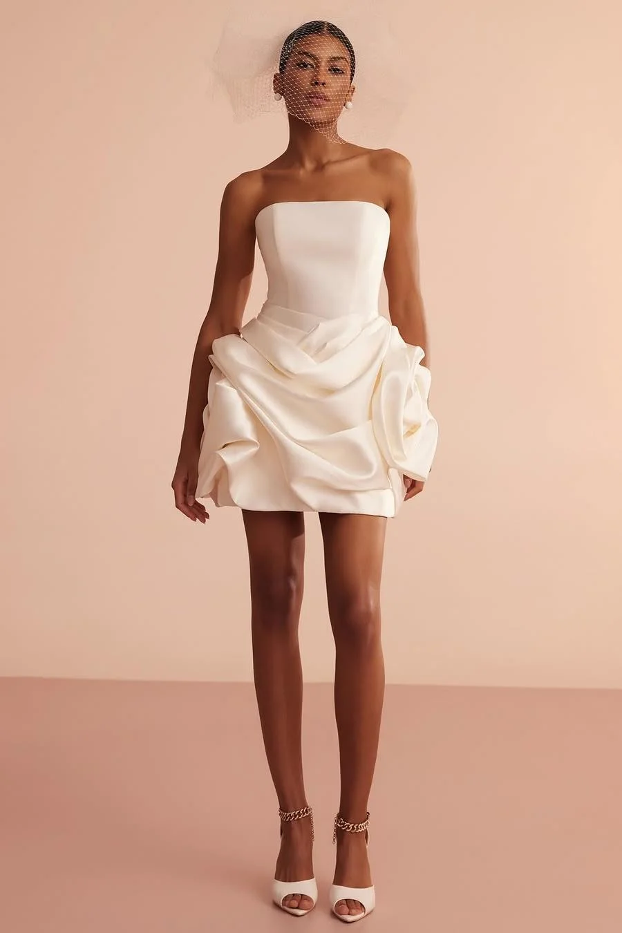 Miabel Exquiste Cream Satin Strapless Sleeveless Short Prom Dress with Pleated 