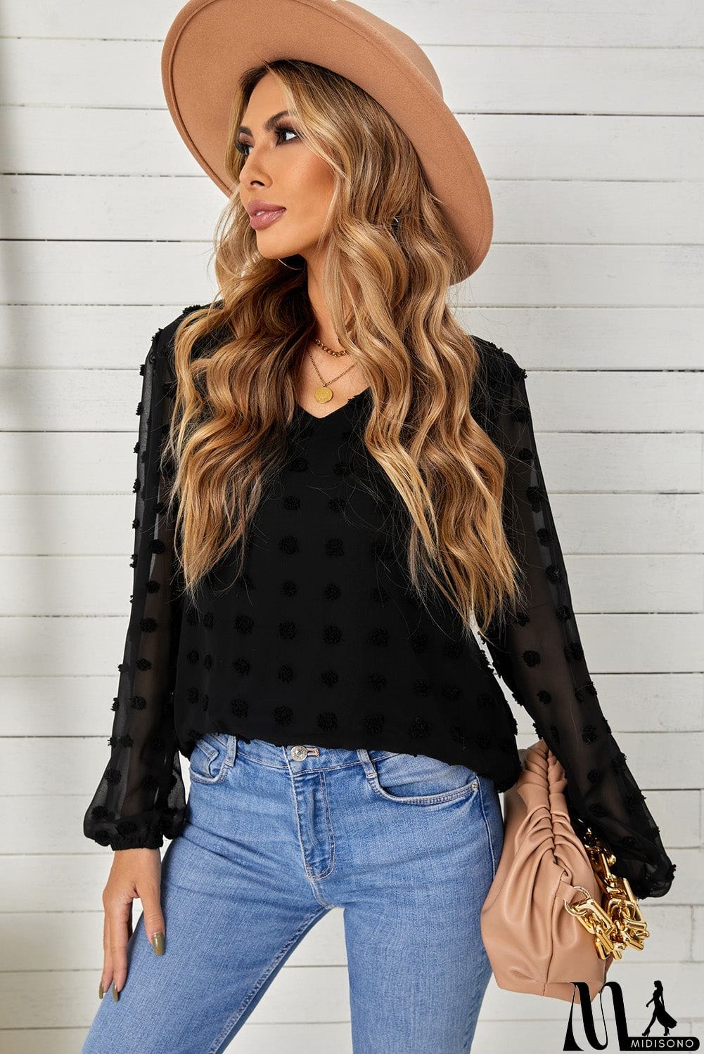 MidiSono - Swiss Dot Bubble Sleeve Blouse