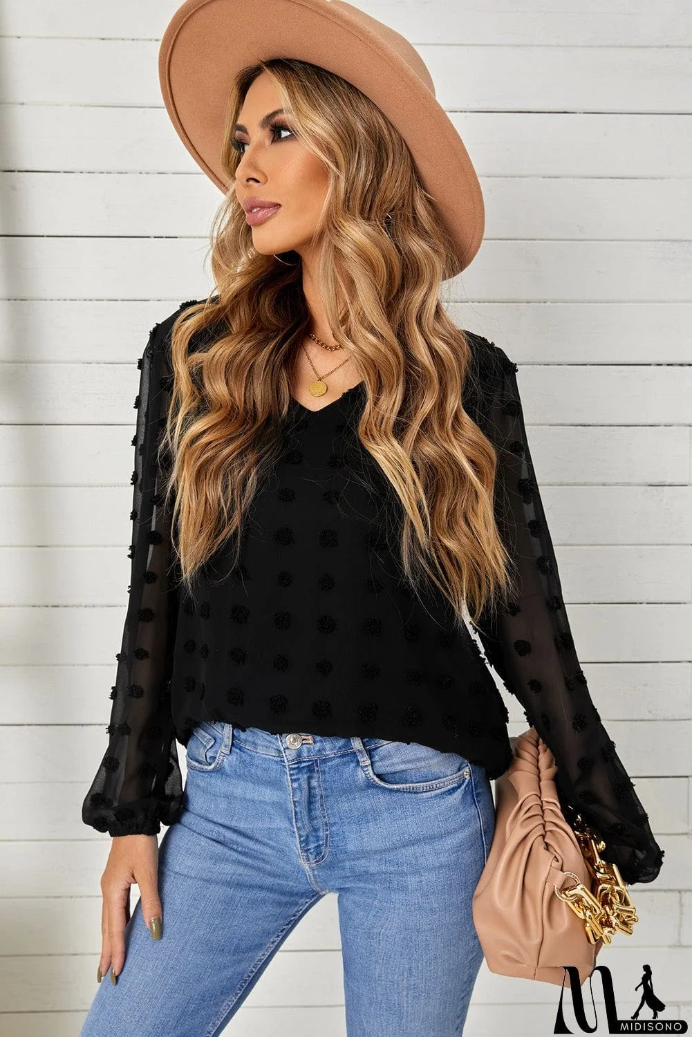 MidiSono - Swiss Dot Bubble Sleeve Blouse