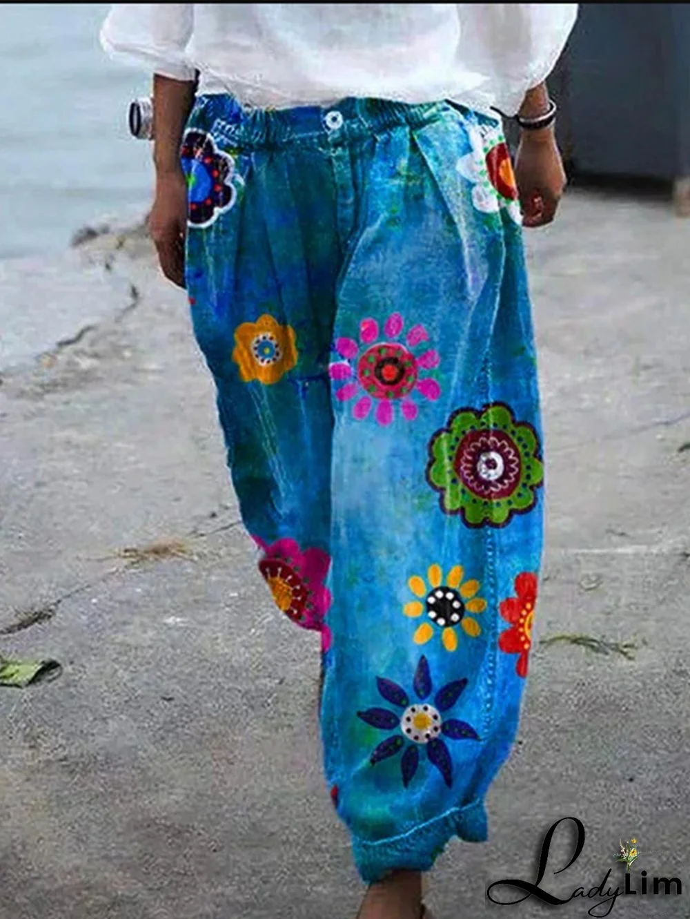 Floral Pattern Wide Leg Elastic Pants