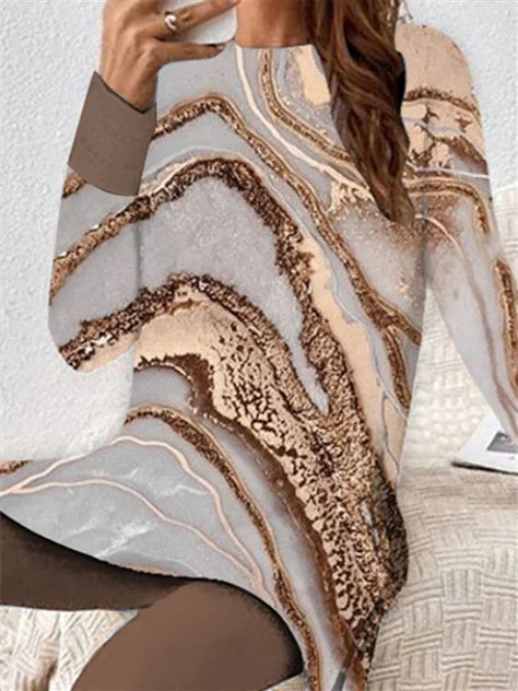 Women Casual Long Sleeve Round Neck Graphic Two-Piece Set