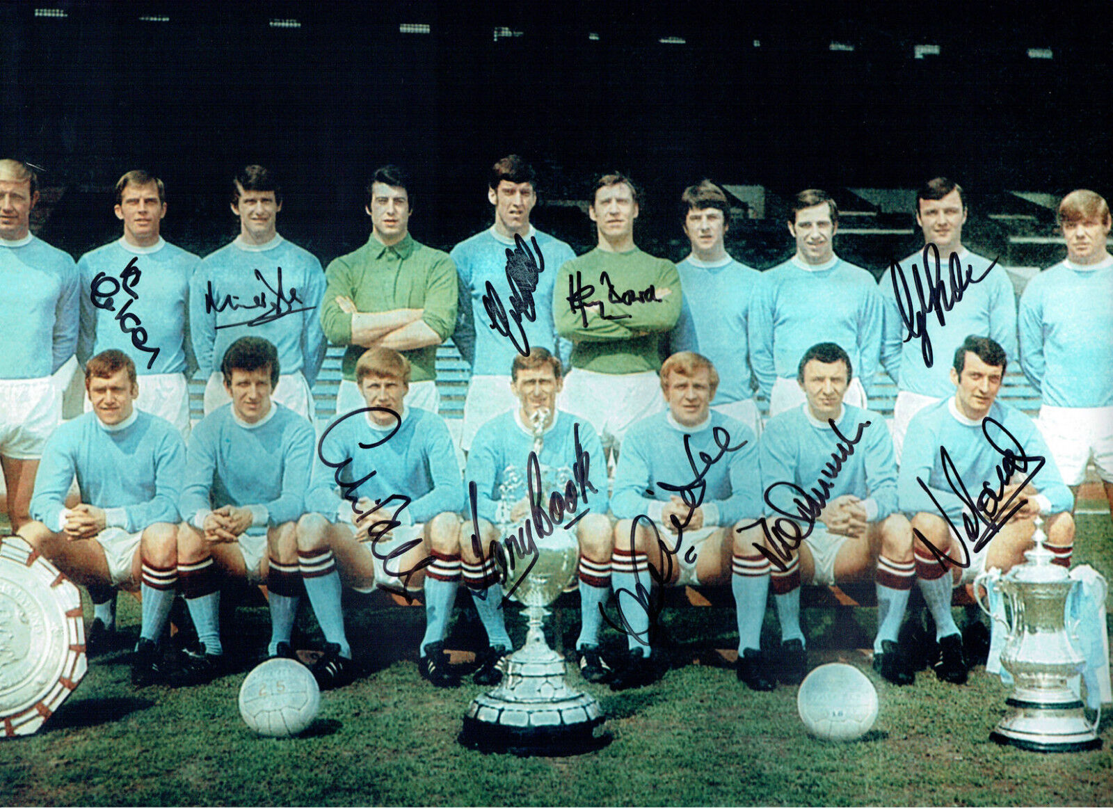 1969-70 Manchester City Squad Signed (10) Autographs 18x12 Photo Poster painting AFTAL COA