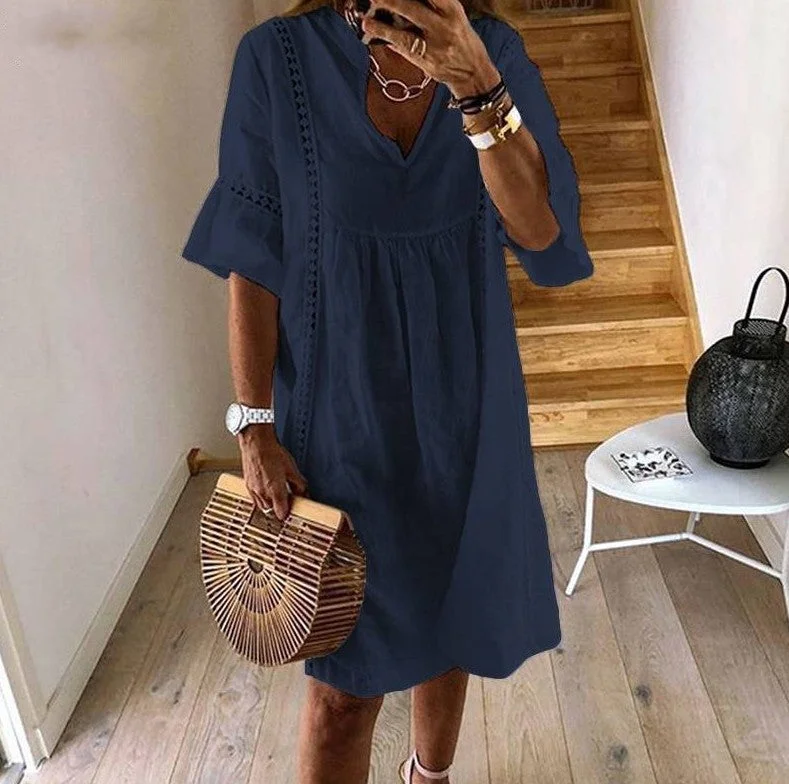 Sonicelife  Summer Lace Dress Women's Sundress Fashion Flare Sleeve Short Vestido Female Bohemian V Neck Party Shirt Robe Femme