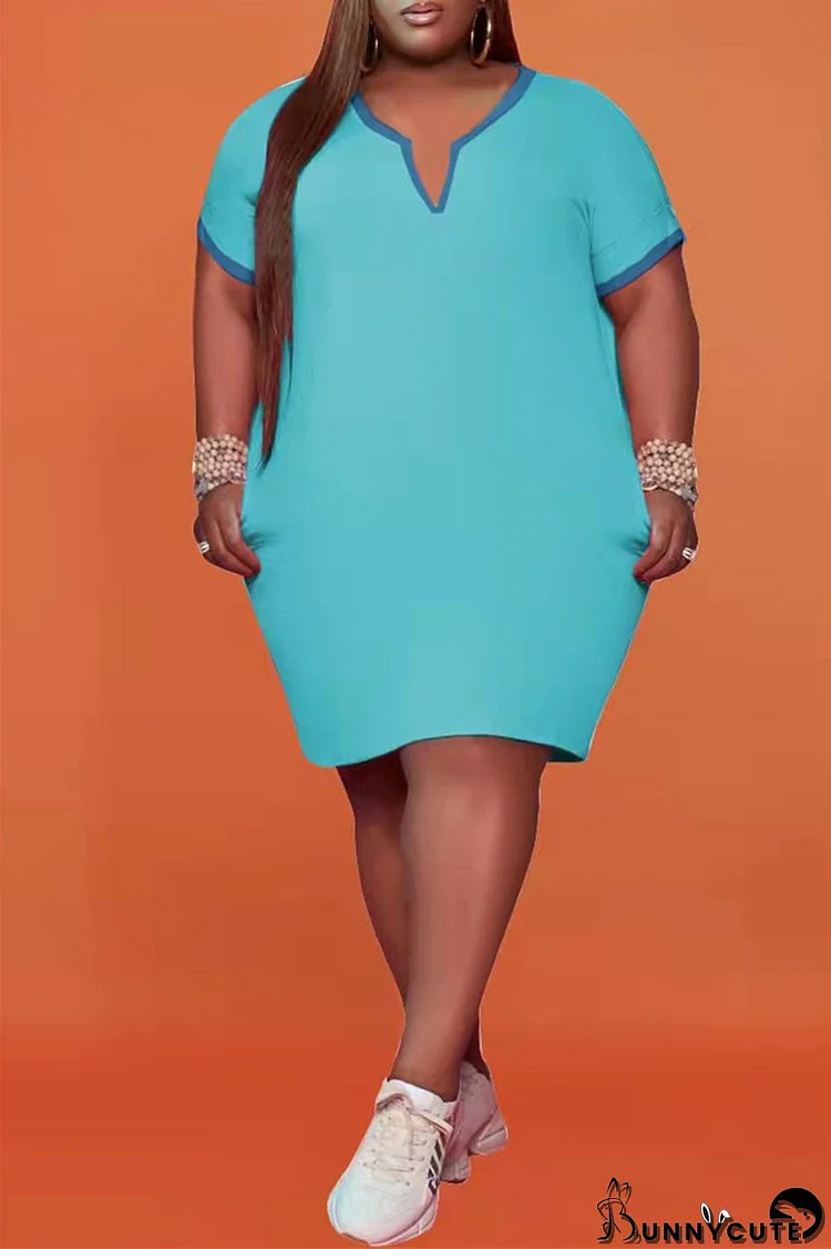 Cyan Fashion Casual Solid Basic V Neck Plus Size Dresses