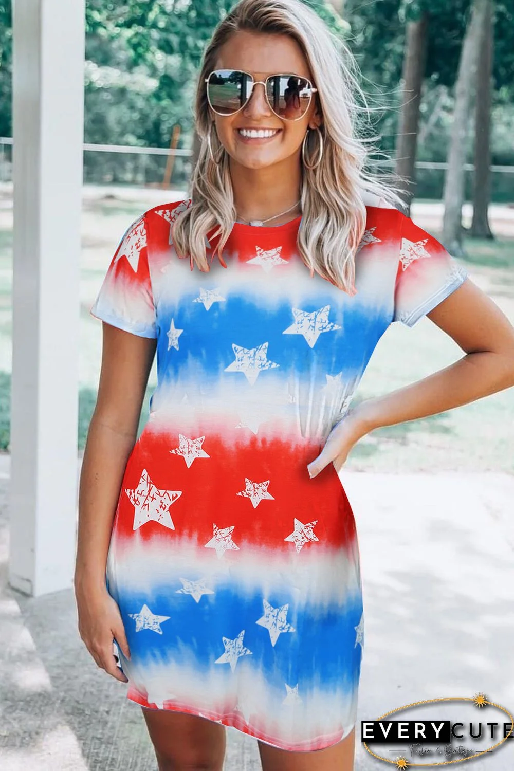 Tie Dye Patriotic Red White Blue Stars Flag Mini Dress