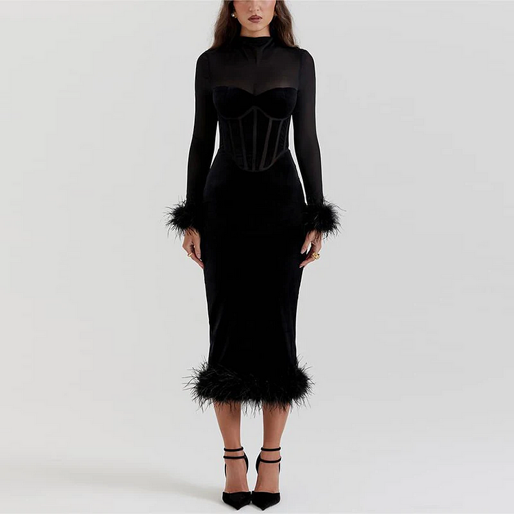 Elegant Feather Midi Dress-mysite