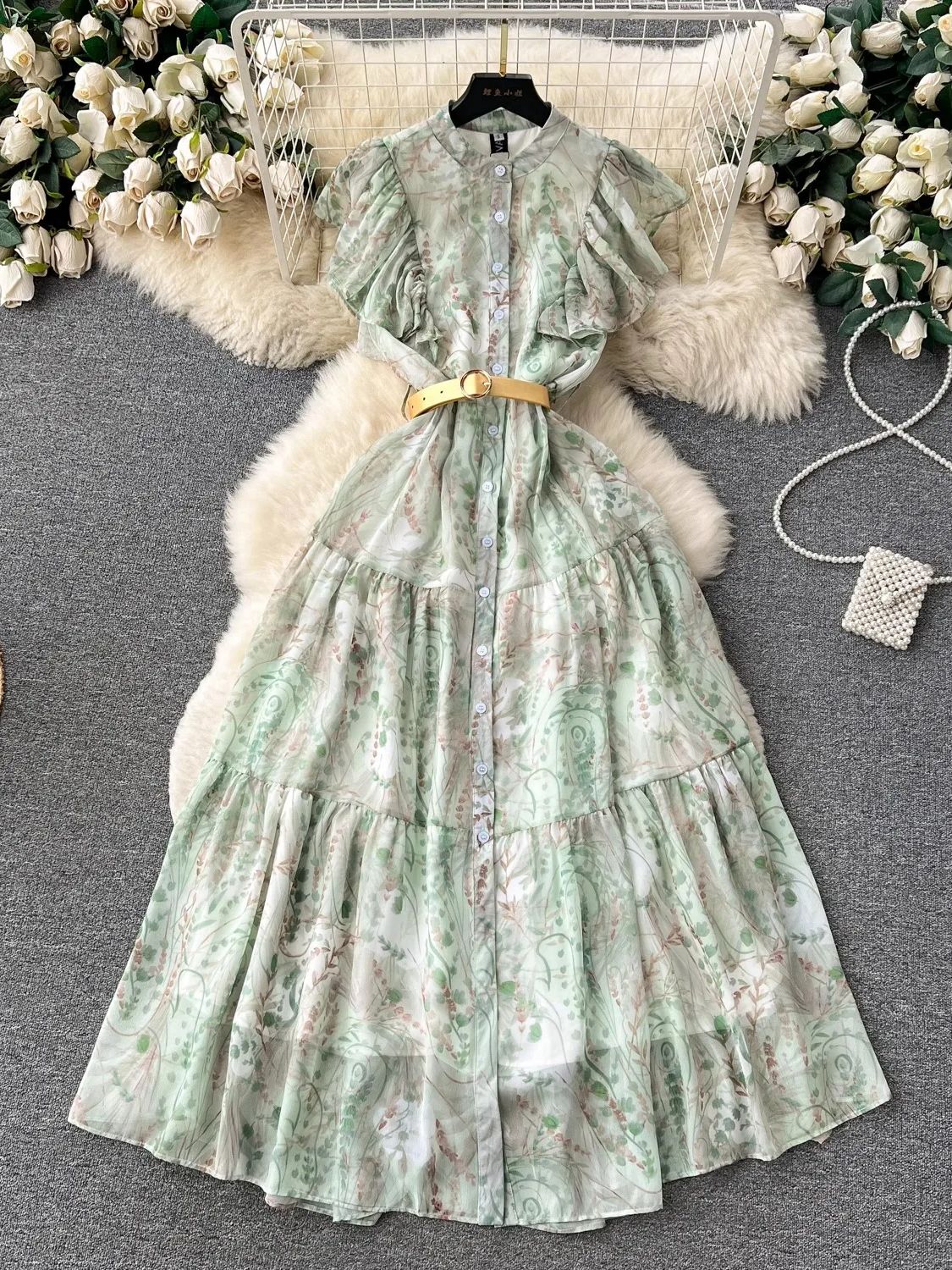 Summer Elegant Chiffon Butterfly Sleeve Dresses Women Ruffles Flower Print Buttons Golden Color Belt Beach Party Robe Vestidos