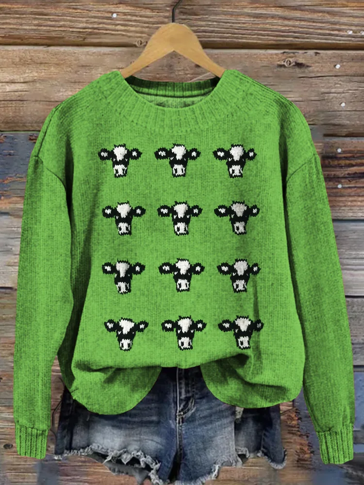 VChics Cute Cows Embroidery Art Crew Neck Cozy Knit Sweater