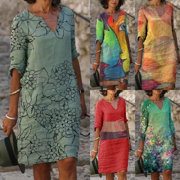 New Summer Fashion Women Printing Dress V-Neck Half Sleeve A-Line Dresses Female Retro Litera Vintage Loose Dress Vestidos - BlackFridayBuys