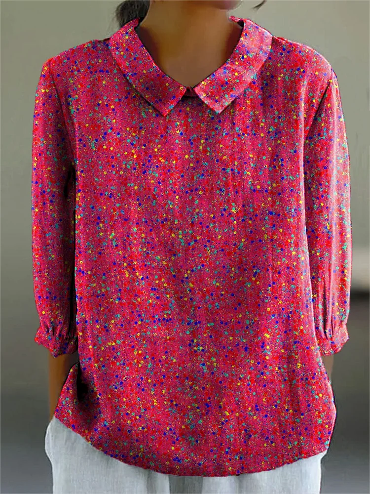 Women's Colorful Spot Art Print Casual Cotton And Linen 3/4 Sleeve Shirt