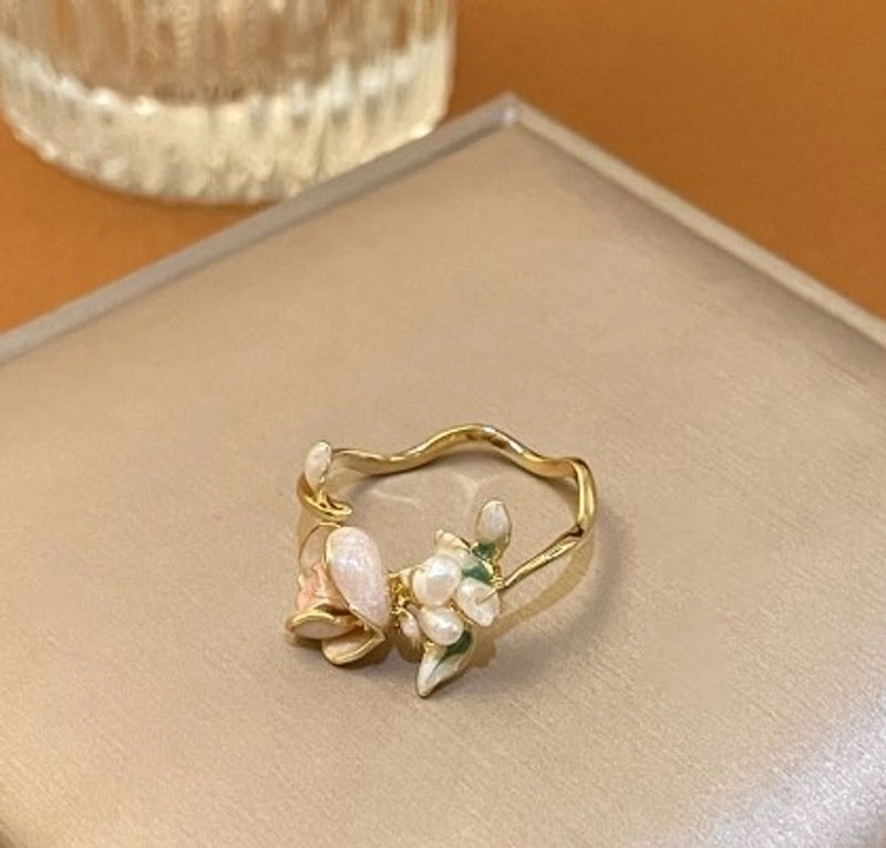 Sweet Flower Metal Plating Inlay Pearl Zircon Gold Plated Women’s Open Ring