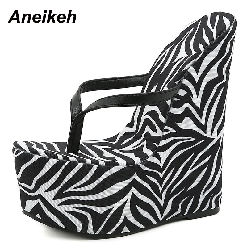 Aneikeh Sexy PU Women's Shoes Mules Summer Thong Flip Flops Wedges Platform Catwalk Mode Fashion Slides Party Ultra High Striped